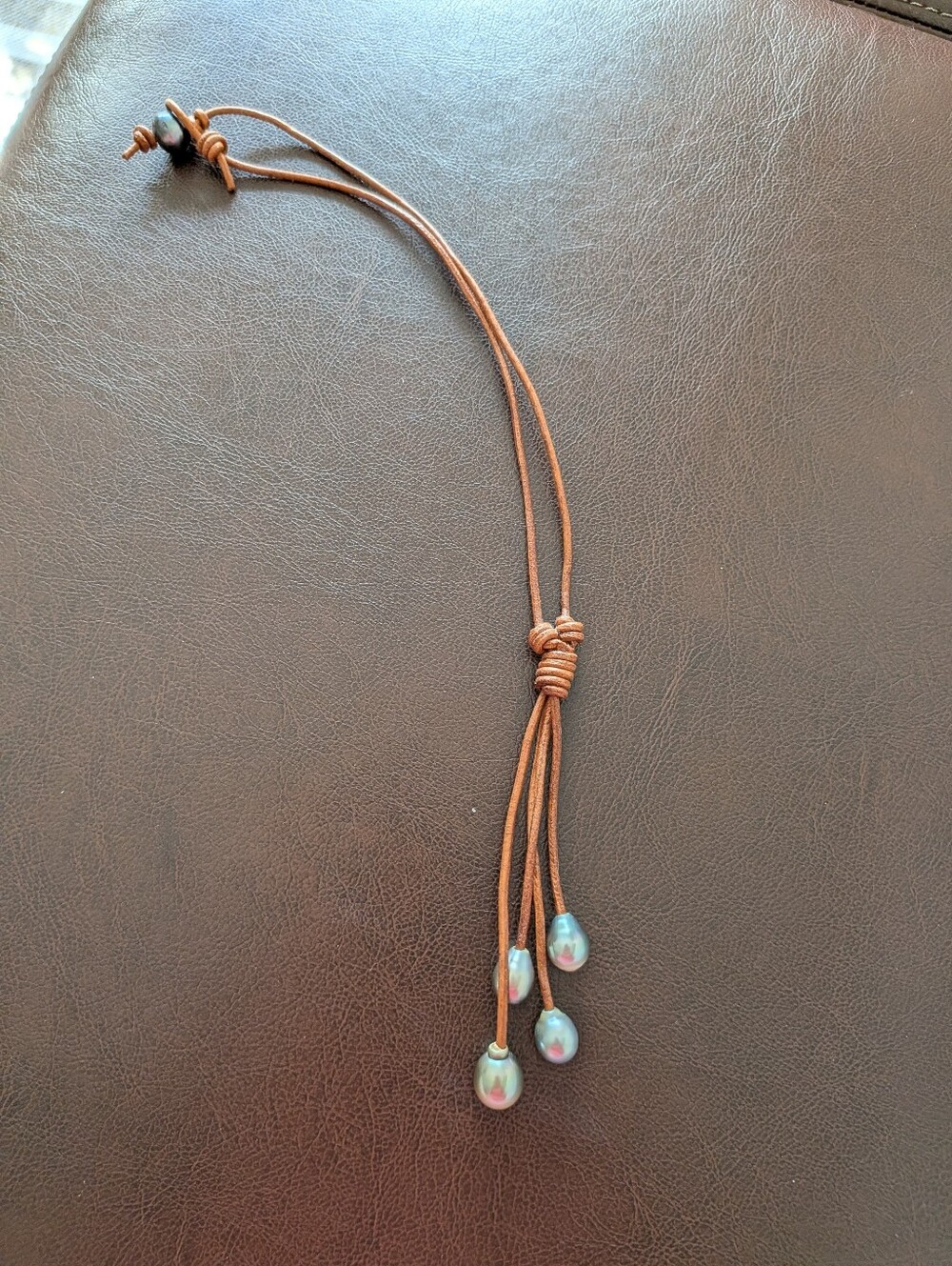 Brown Leather Lariat Necklace with Freshwater Pearl Bead Drops